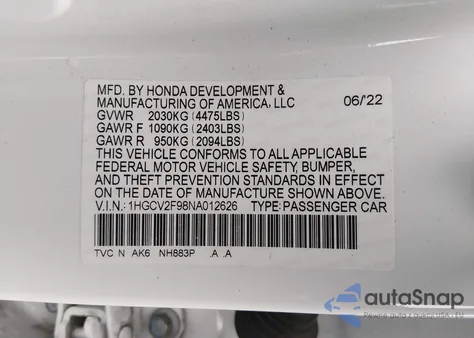 2022 Honda Accord Touring from USA, damaged, VIN 1HGCV2F98NA012626